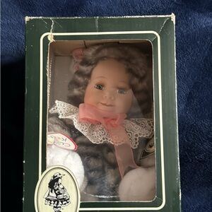 Geppeddo Porcelain Collector Doll with Pink Ribbon & Lace Collar